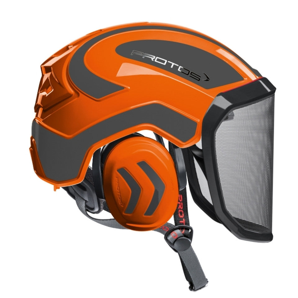 Orange and black helmet with visor on a white background